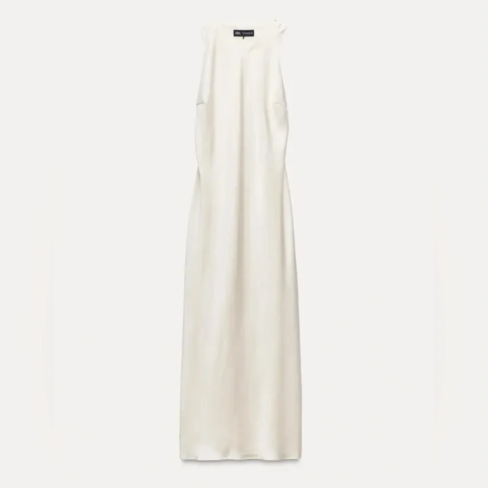ZARA Ecru Satin Effect Midi goddess dress Open Twist Back Small NEW - Picture 7 of 11